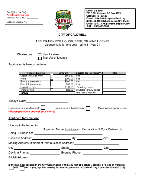 First page of the Liquor, Beer, or Wine License Application
