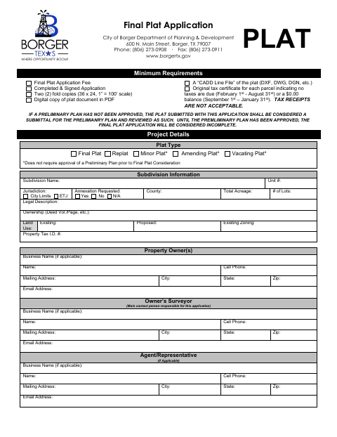 First page of the Final Plat Application
