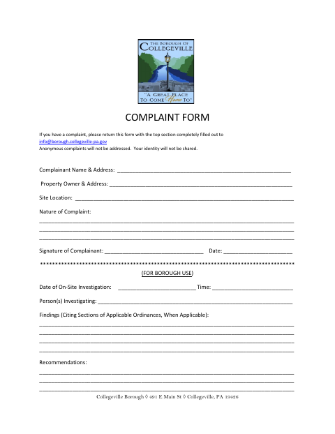 First page of the Complaint Form