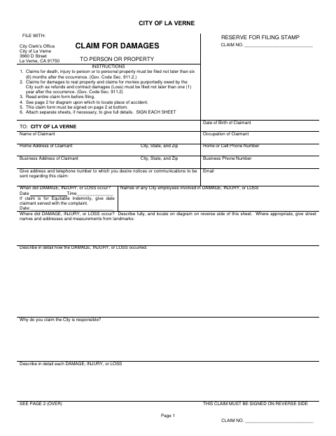 First page of the Claim for Damages Form