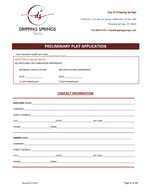 First page of the Preliminary Plat Application