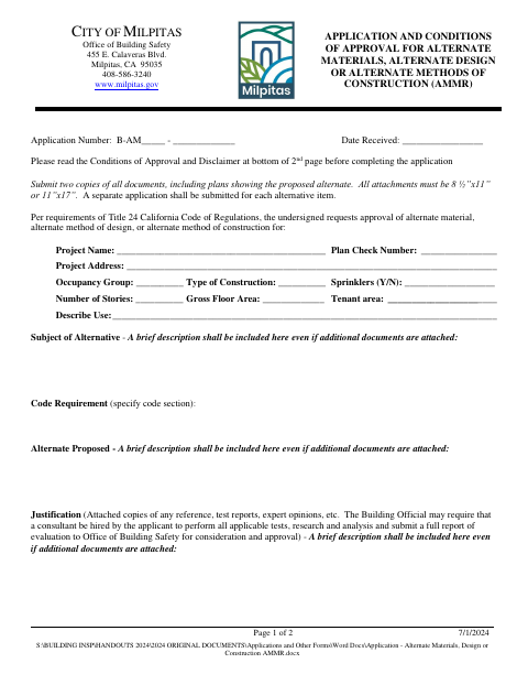 First page of the Application and Conditions of Approval for Alternate Materials, Alternate Design or Alternate Methods of Construction (AMMR)