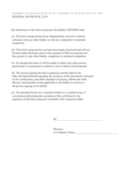 First page of the Statement of Non-Collusion in Bid