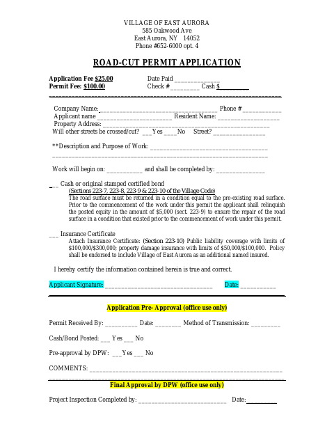 First page of the Road-Cut Permit Application