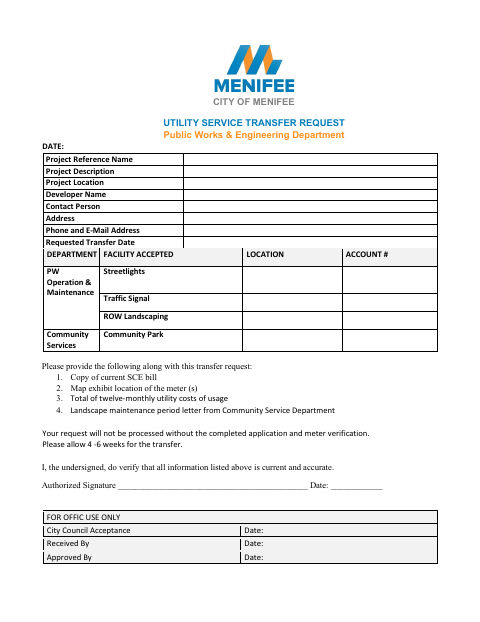 First page of the Utility Service Transfer Request