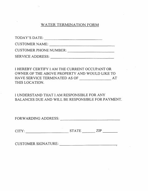 First page of the Water Termination Form