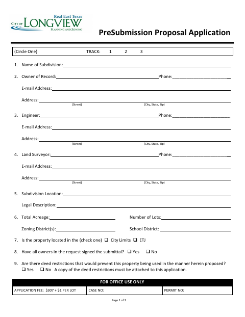 First page of the Presubmission Proposal Application