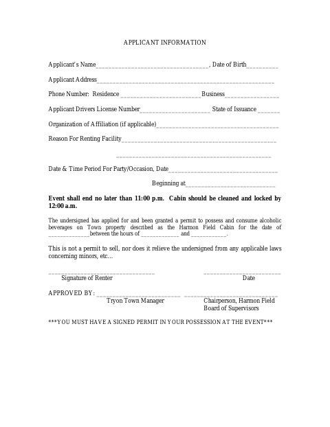 First page of the Harmon Field Alcohol Permit Application