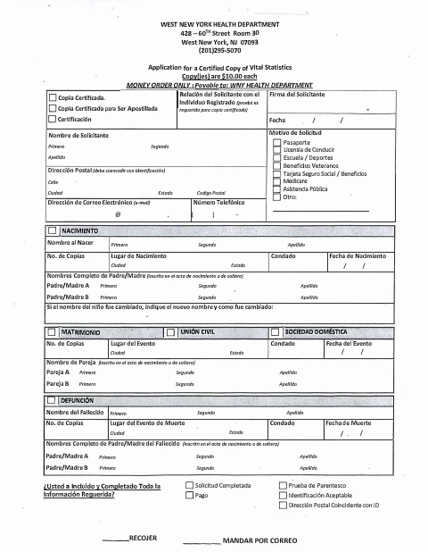 First page of the Application for a Certified Copy of Vital Statistics