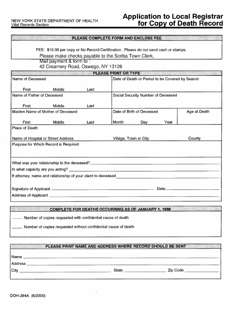 First page of the Application for Copy of Death Record
