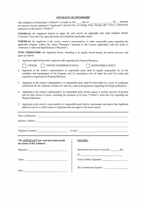 First page of the Affidavit of Ownership