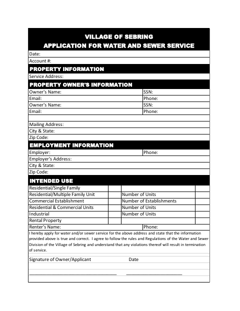 First page of the Application for Water and Sewer Service