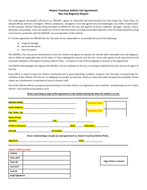 First page of the Airport Courtesy Vehicle Use Agreement
