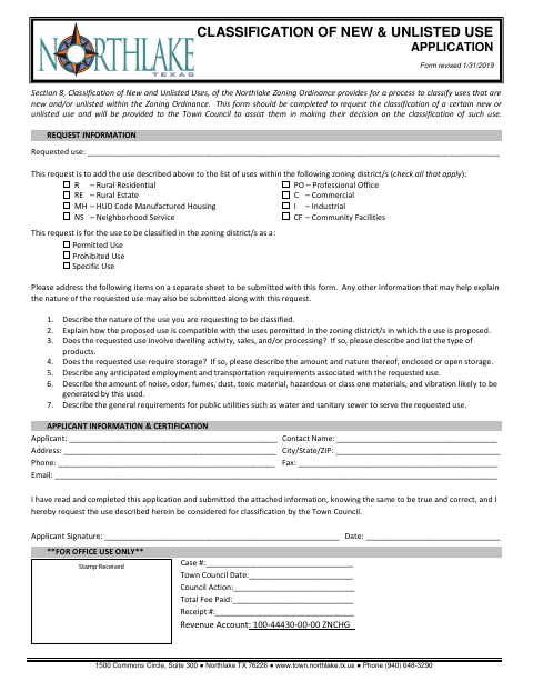 First page of the Classification of New and Unlisted Use Application