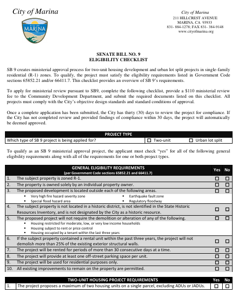 First page of the Senate Bill No. 9 Eligibility Checklist