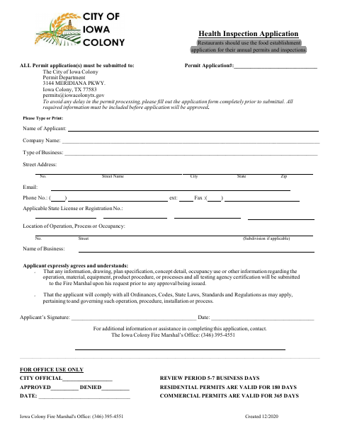 First page of the Health Inspection Application