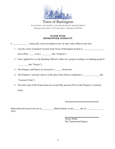 First page of the Flood Zone Homeowner and Contractor Affidavit