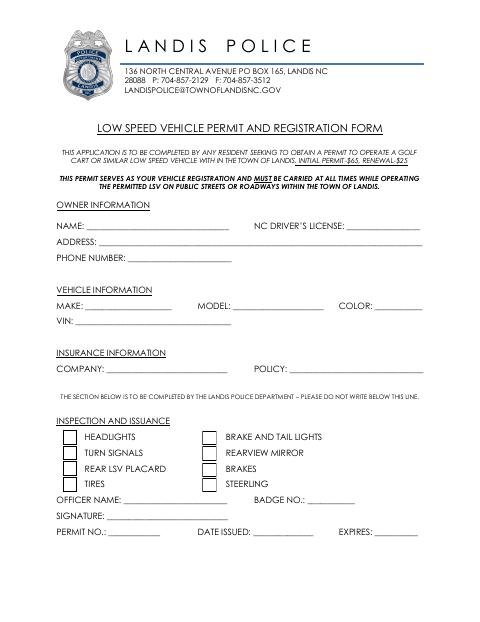 First page of the Low Speed Vehicle Permit and Registration Form