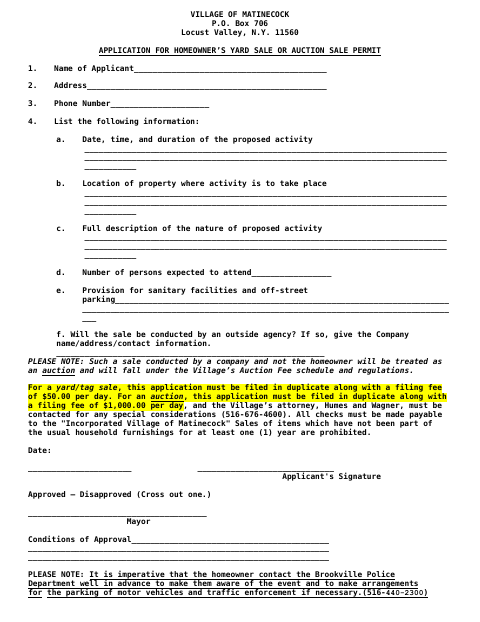 First page of the Application for Homeowner’s Yard Sale or Auction Sale Permit