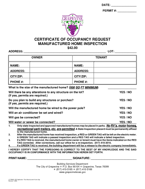 First page of the Manufactured Home Inspection Application