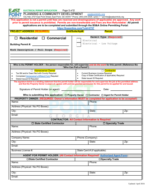 First page of the Electrical Permit Application