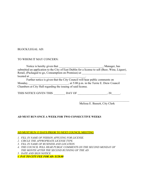 First page of the Legal Ad Form