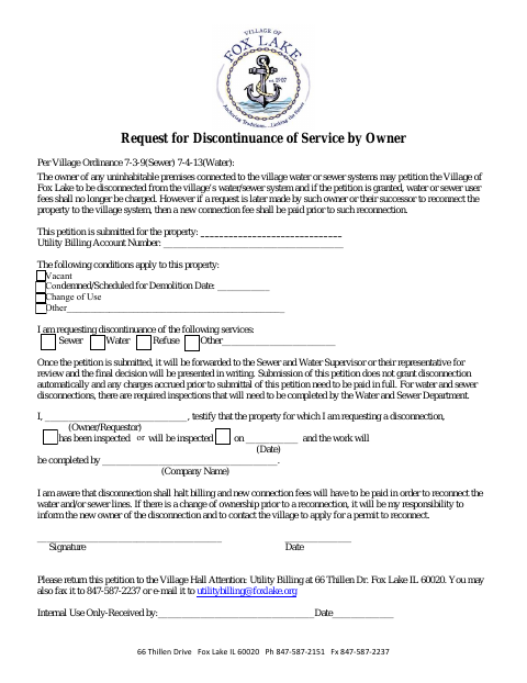 First page of the Request for Discontinuance of Service by Owner