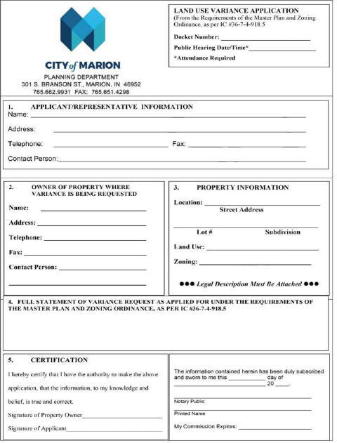 First page of the Land Use Variance Application