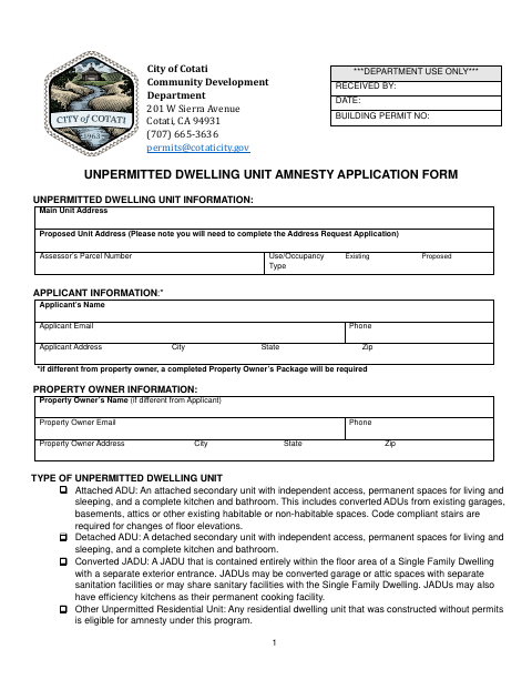 First page of the Unpermitted Dwelling Unit Amnesty Application Form