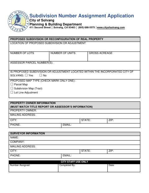 First page of the Subdivision Number Assignment Application
