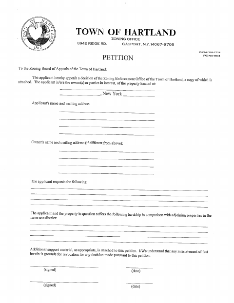 First page of the Zoning Board of Appeals Petition