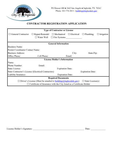 First page of the Contractor Registration Application