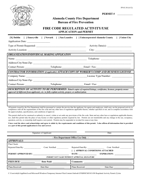 First page of the Fire Code Regulated Activity/Use Application and Permit