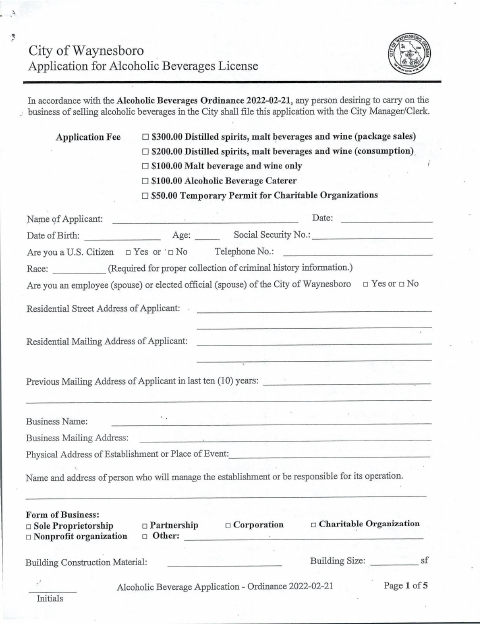 First page of the Alcoholic Beverage License Application