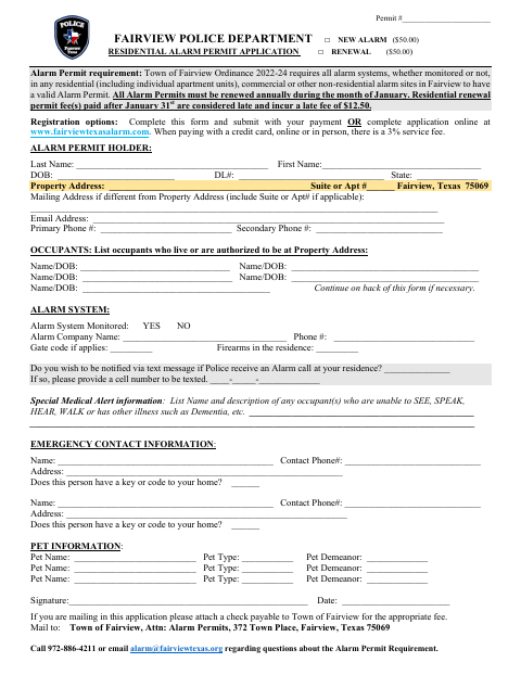 First page of the Residential Alarm Permit Application