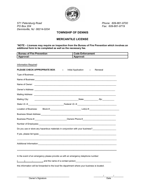 First page of the Mercantile License Application