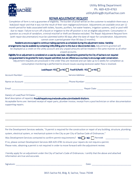First page of the Repair Adjustment Request