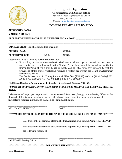 First page of the Zoning Permit Application