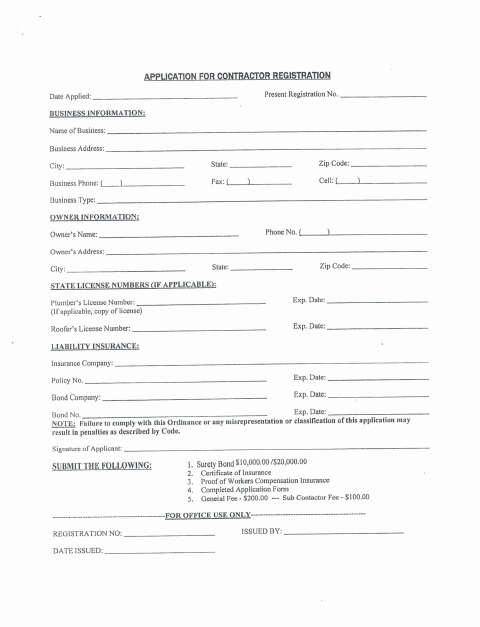 First page of the Contractor Registration Application