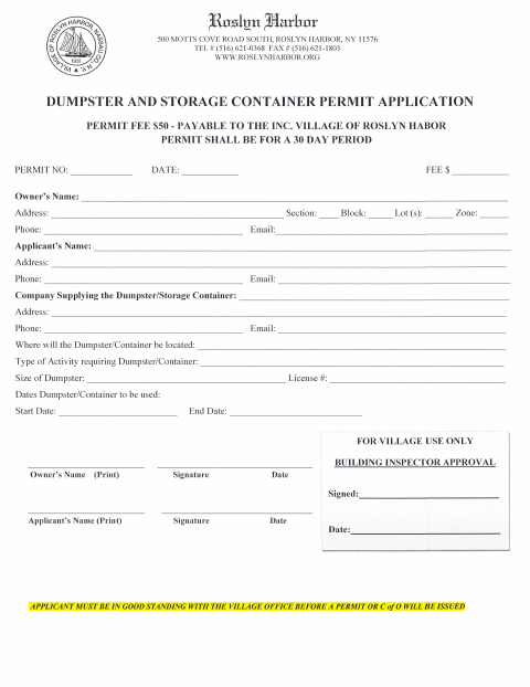 First page of the Dumpster and Storage Pod Permit