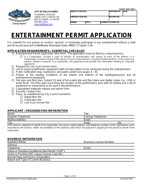 First page of the Entertainment Permit Application