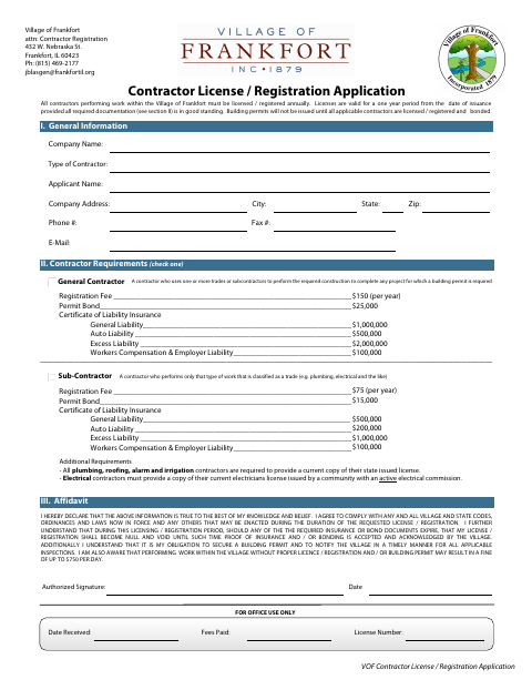 First page of the Contractor License and Registration Application