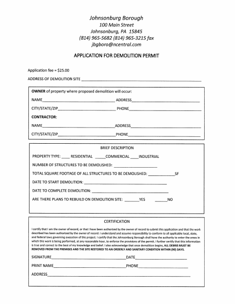 First page of the Demolition Permit Application