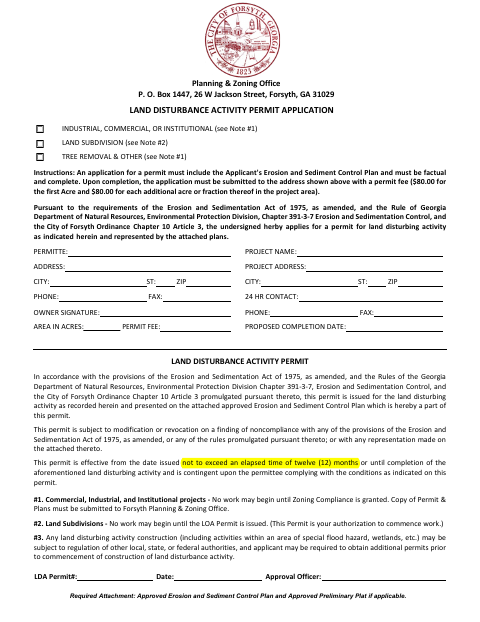 First page of the Land Disturbance Activity Permit Application