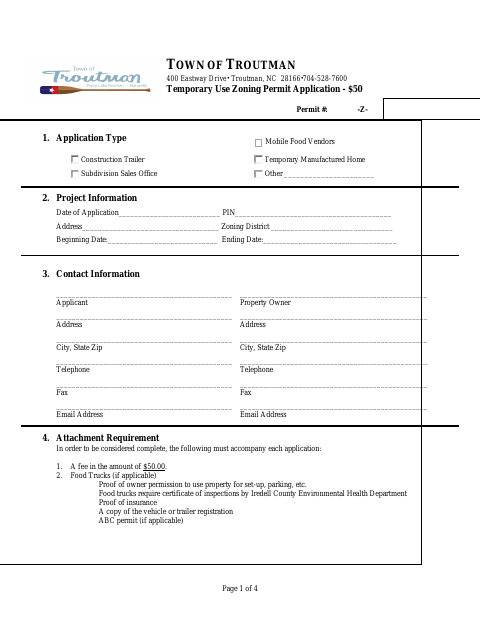 First page of the Temporary Use Zoning Permit Application