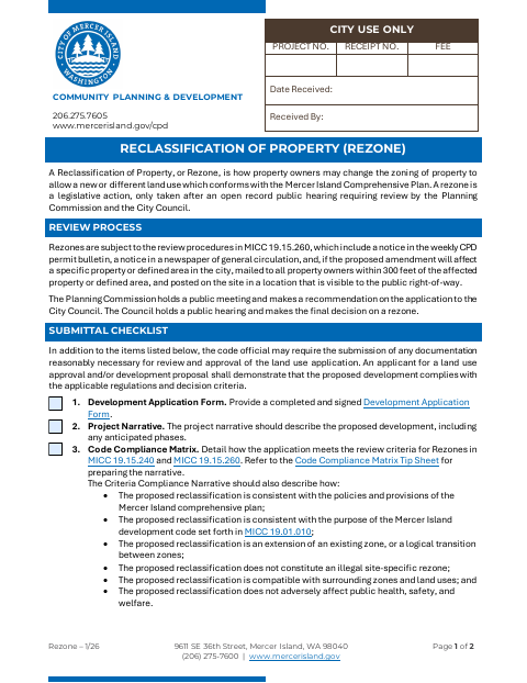 First page of the Reclassification of Property (Rezone)