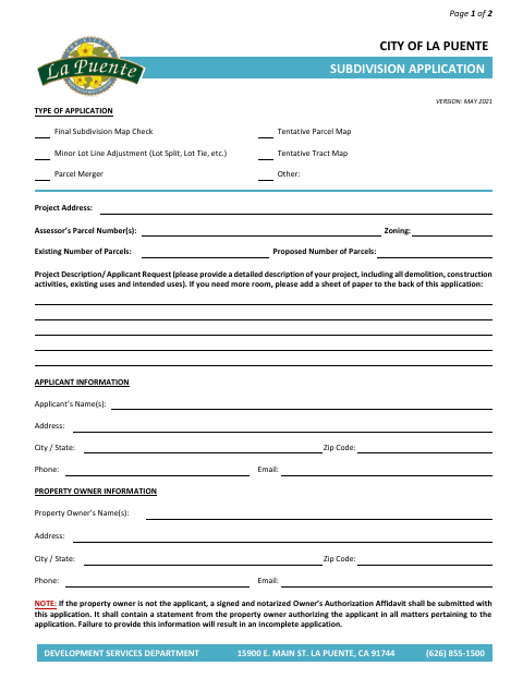 First page of the Subdivision Application
