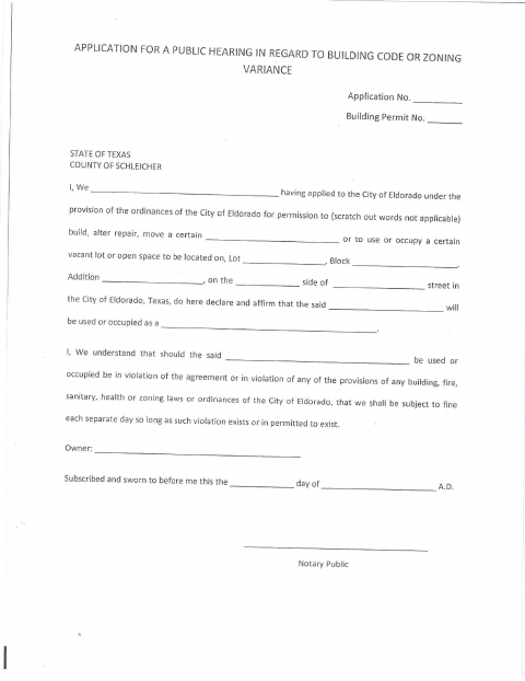 First page of the Building Code Or Zoning Variance Application