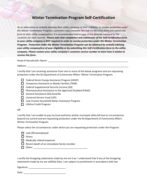First page of the Winter Termination Program Self-Certification