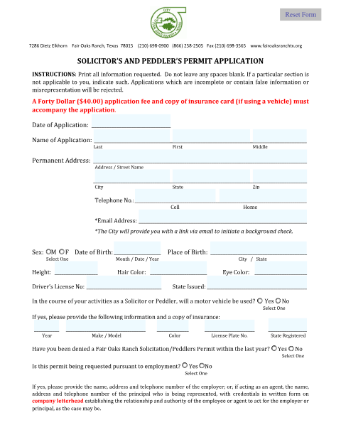 First page of the Solicitor's and Peddler's Permit Application